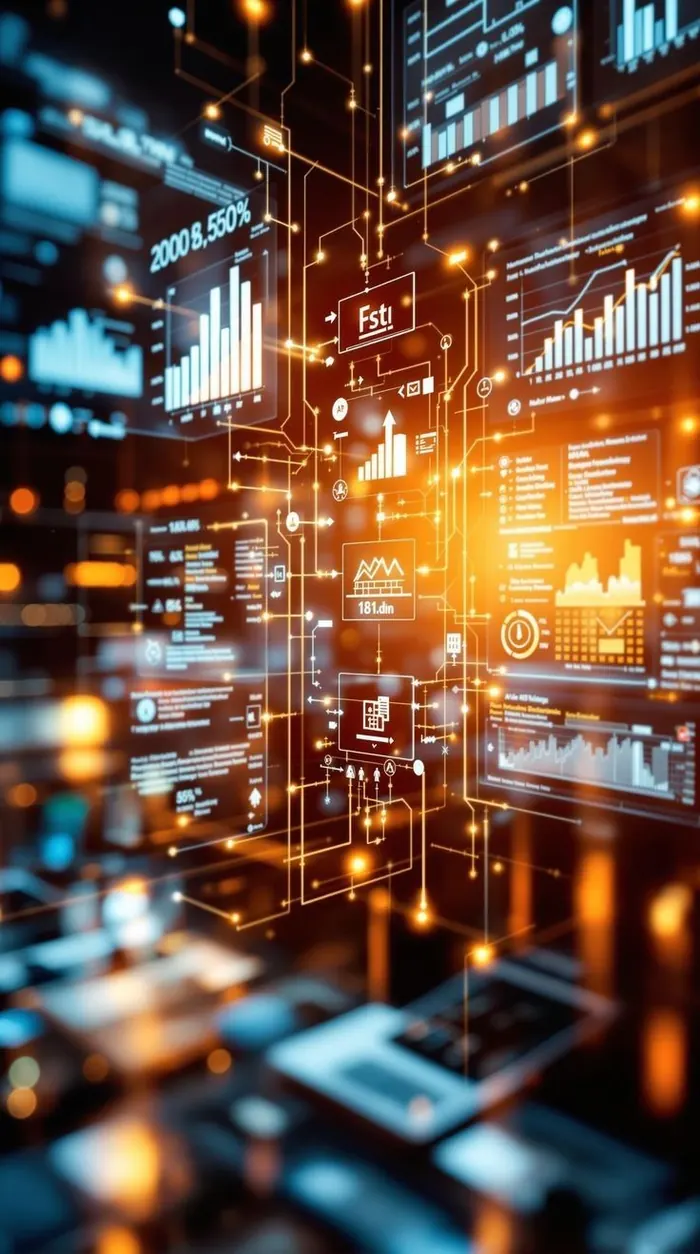 Paneles digitales de análisis con gráficos y conexiones luminosas en tonos azul y dorado