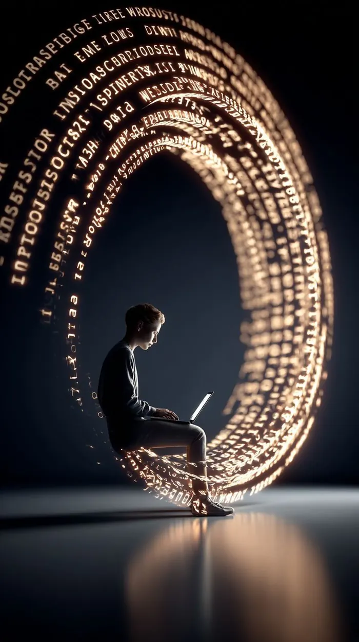 Persona con computadora frente a un portal circular de símbolos digitales dorados